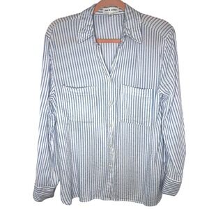 Alex & Jordan Womens Blue White Striped Lurex Metallic Button Down Shirt Medium